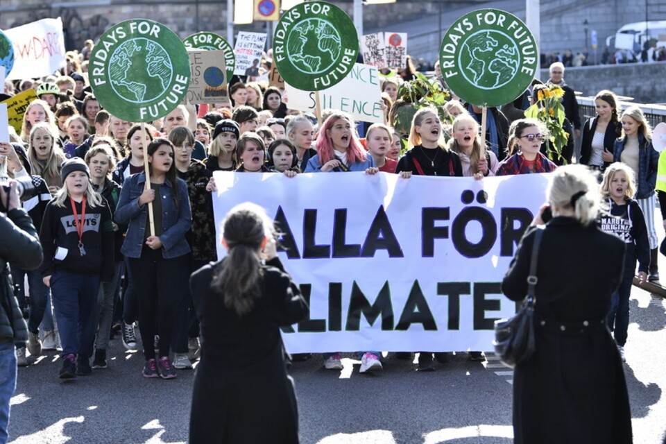 Klimatdemonstration på väg mot Kungsträdgården i Stockholm i slutet av september i år. Då hölls manifestationer och strejker på över 100 orter i landet arrangerat av Greta Thunbergs rörelse Fridays for future.