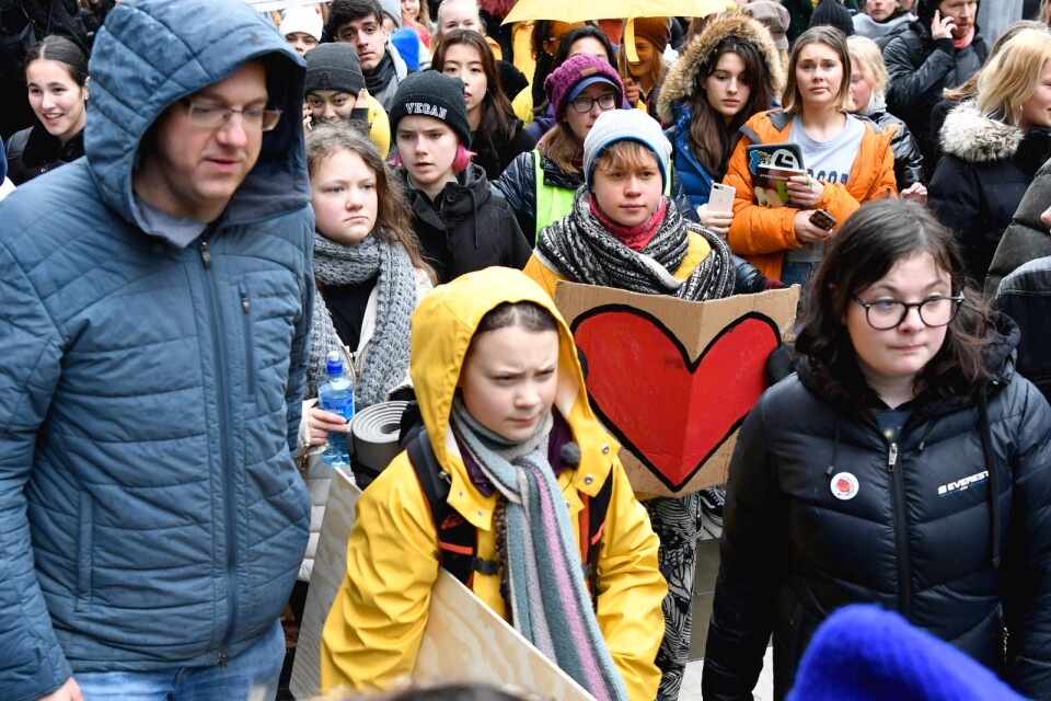 Greta Thunberg deltar i den globala klimatstrejken "Global strike for future"  den 15 mars.
