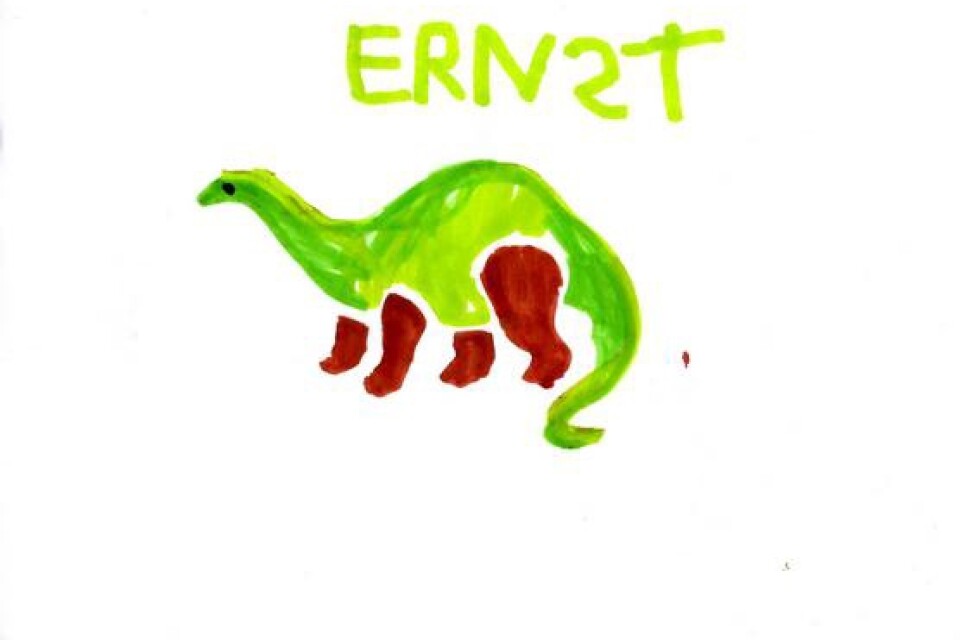 Ernst Yngve, 5 år, Lyckebo förskola i Ystad, har ritat en dinoaur.