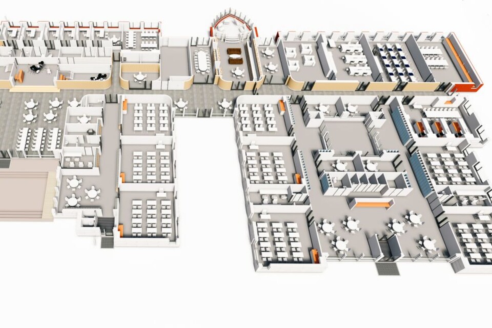3D-bilden visar hur skolan ska se ut i genomskärning. Vyn är söderifrån och där syns hur den delen av skolan är uppdelad i tre avdelningar för de olika stadierna.