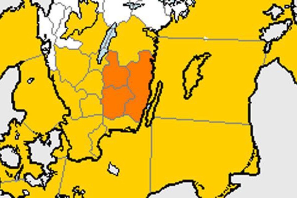 Karta från SMHI. För områden i gult är en klass 1-varning utfärdad, för områdden i orange gäller en klass 2-varning.