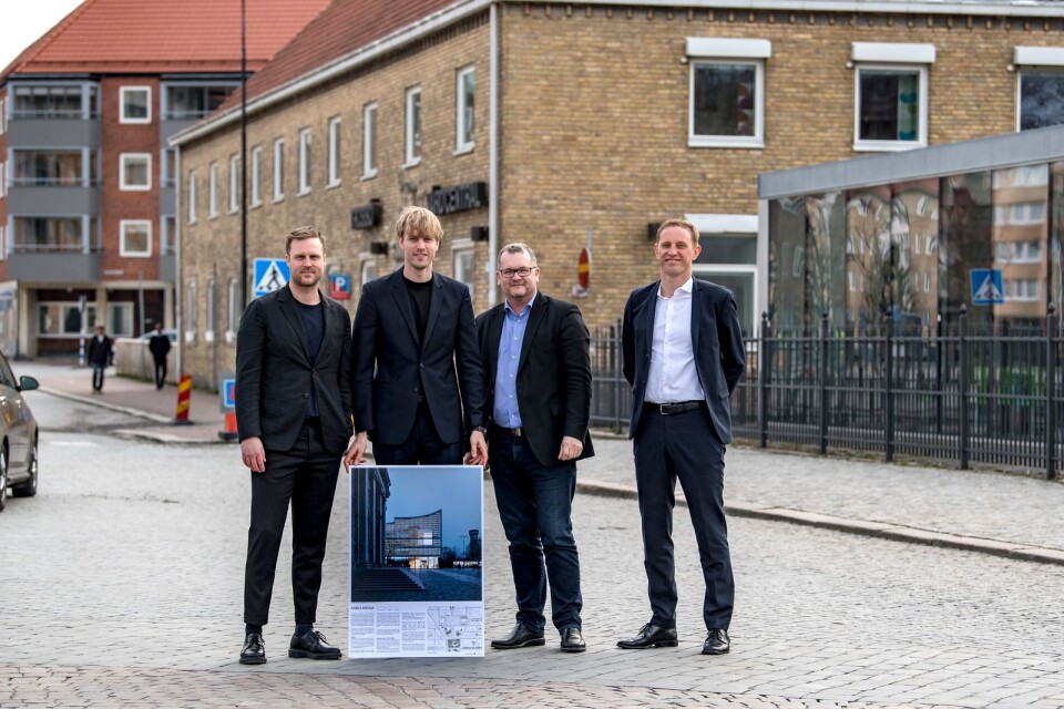Karlskronas stadsarkitekt Hans Juhlin tillsammans med representanter från den danska arkitektbyrån Dorte Mandrup A/S. Från vänster: Johan Navgjord, Lars Almgren, Hans Juhlin och Frants Nielsen.