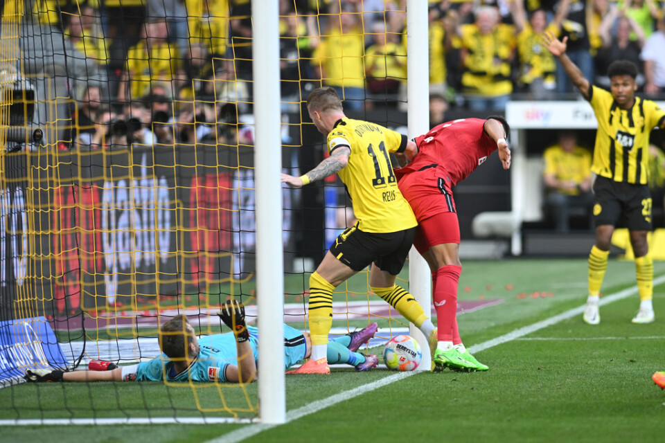 Marco Reus, i mitten, trycker in 1–0 för Dortmund.