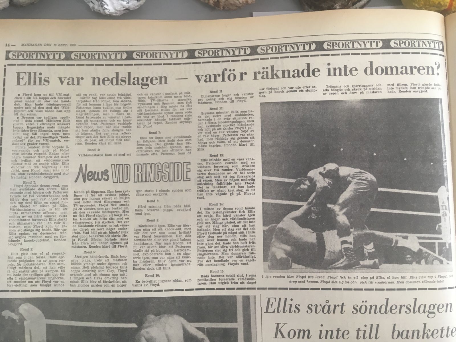Signaturen News (Sven Edgren) sammanfattar matchen rond för rond i BLT den 16 september 1968.