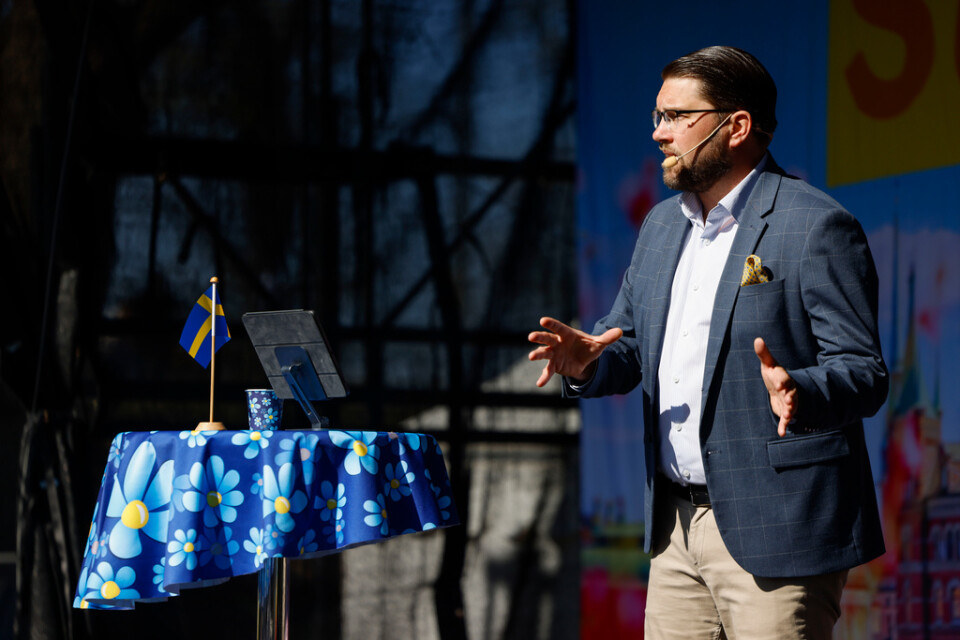 Sverigedemokraternas partiledare Jimmie Åkesson håller vårtal på Långholmen i Stockholm.