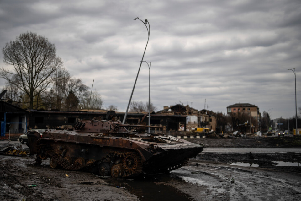 En förstörd stridsvagn i Borodyanka. Bilden togs i april 2022.