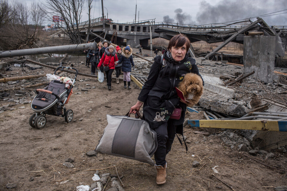 Människor passerar under förstörd bro när de försöker fly Irpin, väster om Kiev, under söndagen.