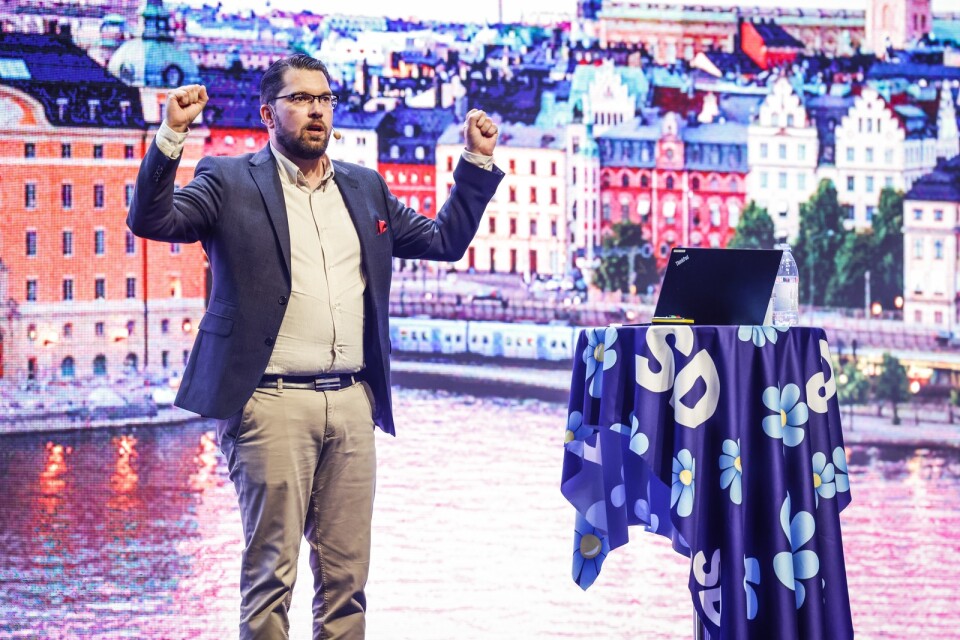 Sverigedemokraternas partiledare Jimmie Åkesson på partiets valkickoff under Stockholmsmässan i maj månad.