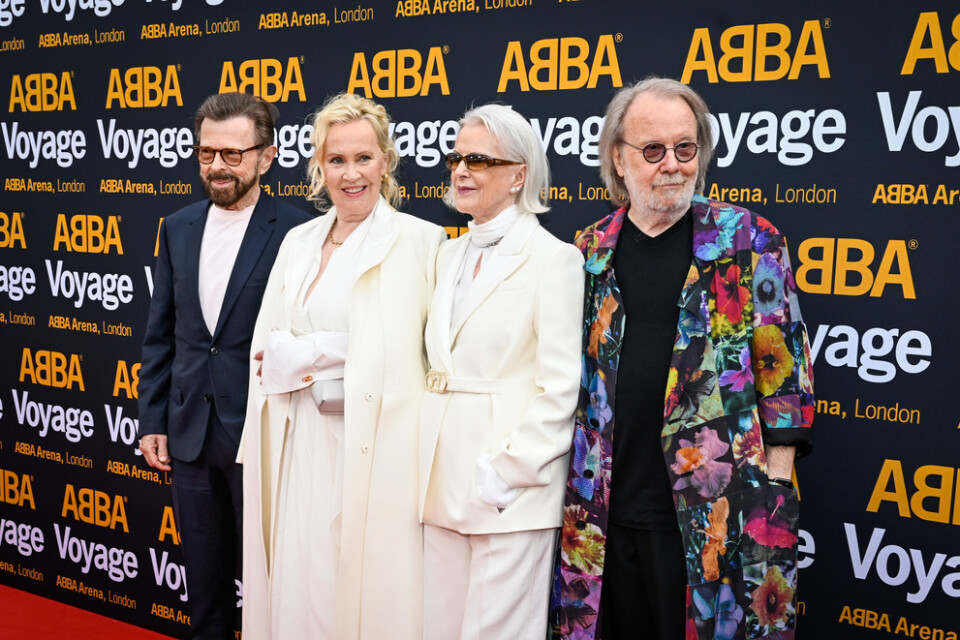 Björn Ulvaeus, Agnetha Fältskog, Anni-Frid Lyngstad och Benny Andersson inför galapremiären av "Abba voyage". Arkivbild.