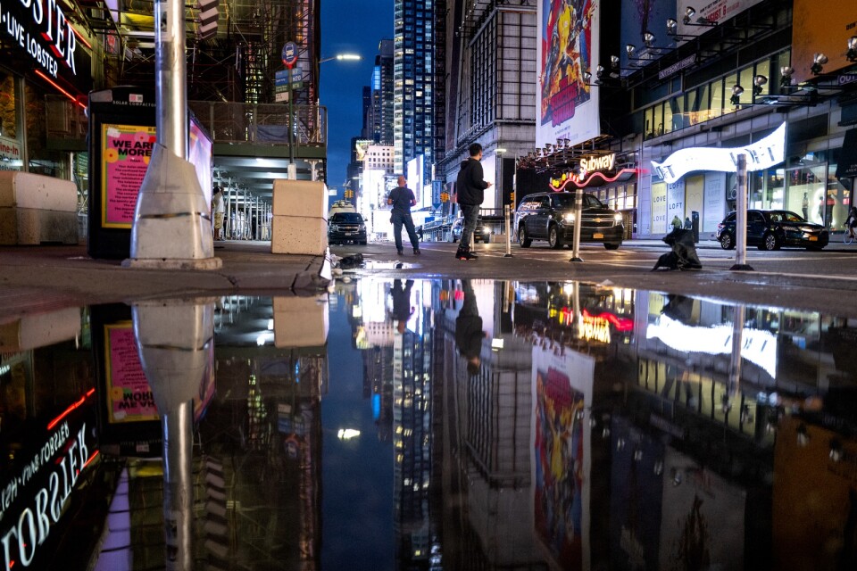 Times Square i New York efter stormen Ida.