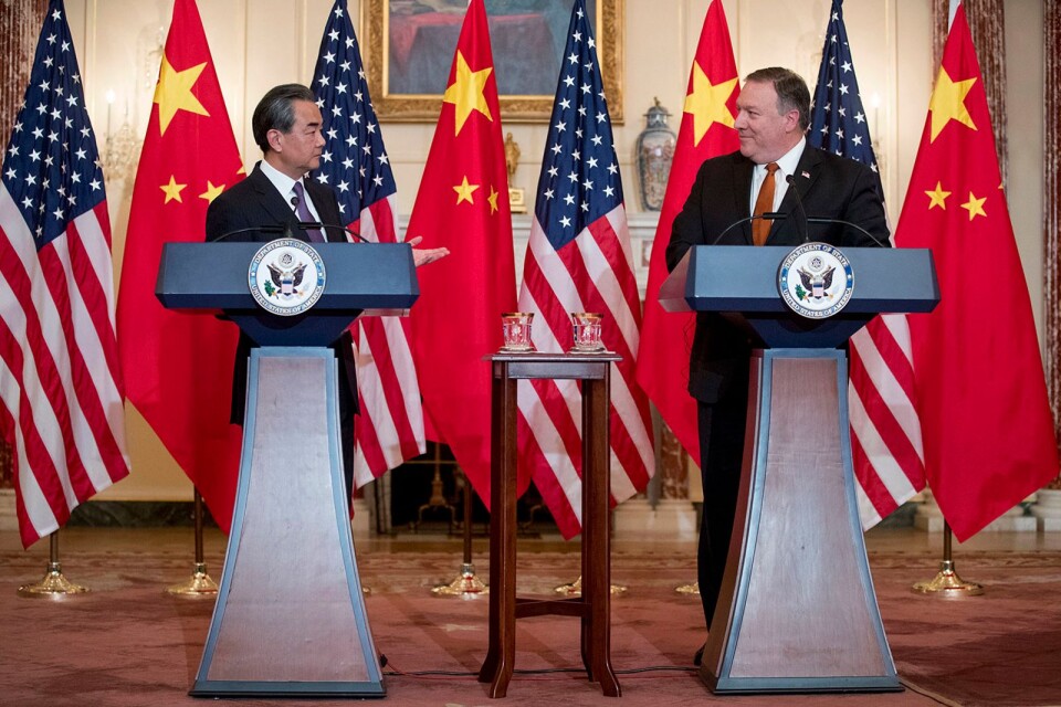 Den kinesiske utrikesministern Wang Yi under ett möte med sin amerikanske motsvarighet Mike Pompeo under en presskonferens i Washington 23 maj.
