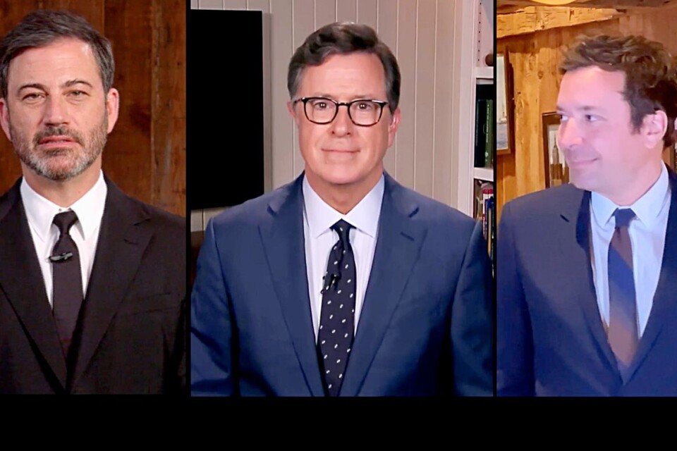 Programledarna Jimmy Kimmel, Stephen Colbert och Jimmy Fallon under One world: Together at home-sändningen.