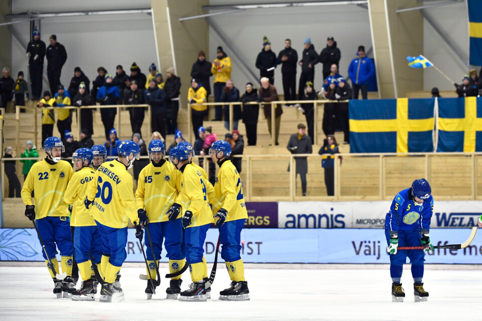 Sverige jublar efter Christoffer Fagerströms 7–0 mot Kazakstan i bandy-VM.