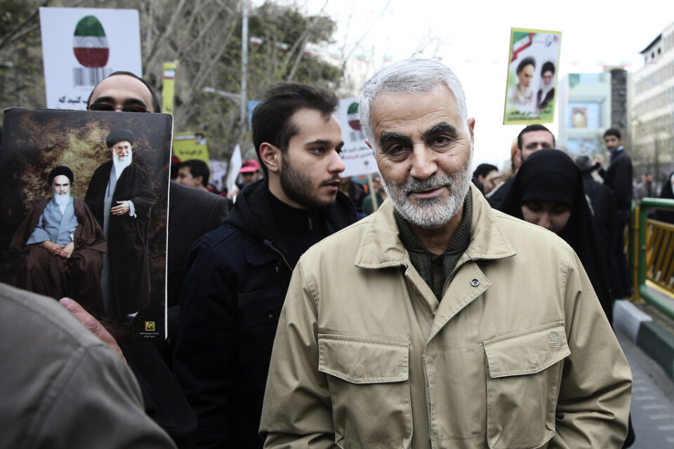 En bild på Qassem Soleimani som togs den 11 februari 2016 i Teheran vid det årliga firandet av revolutionen i Iran 1979. Arkivbild
