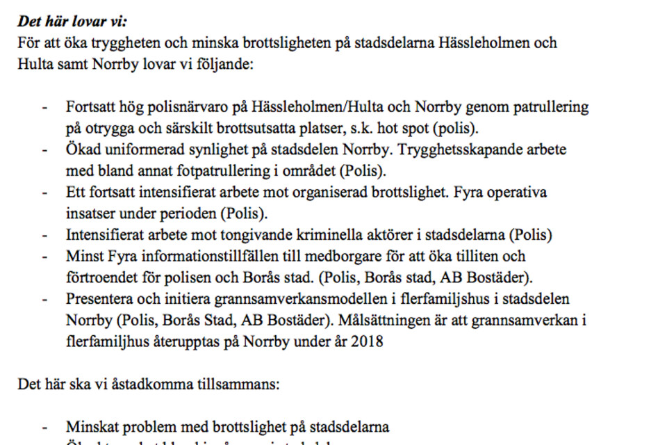 Ett utdrag ur det så kallade medborgarlöfte som polisen, Borås stad och AB Bostäder undertecknade på tisdagen.