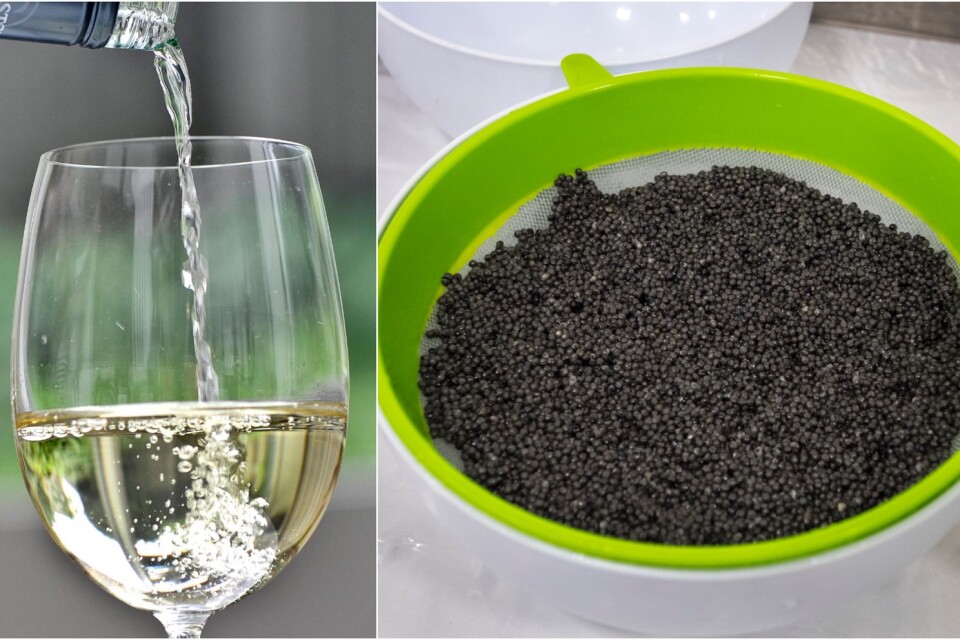 Vitt vin och svart kaviar, en smakrik kombination.