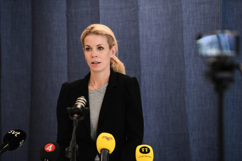 Finansborgarråd Anna König Jerlmyr (M) under Stockholms stads pressträff om coronavirusets ekonomiska konsekvenser.