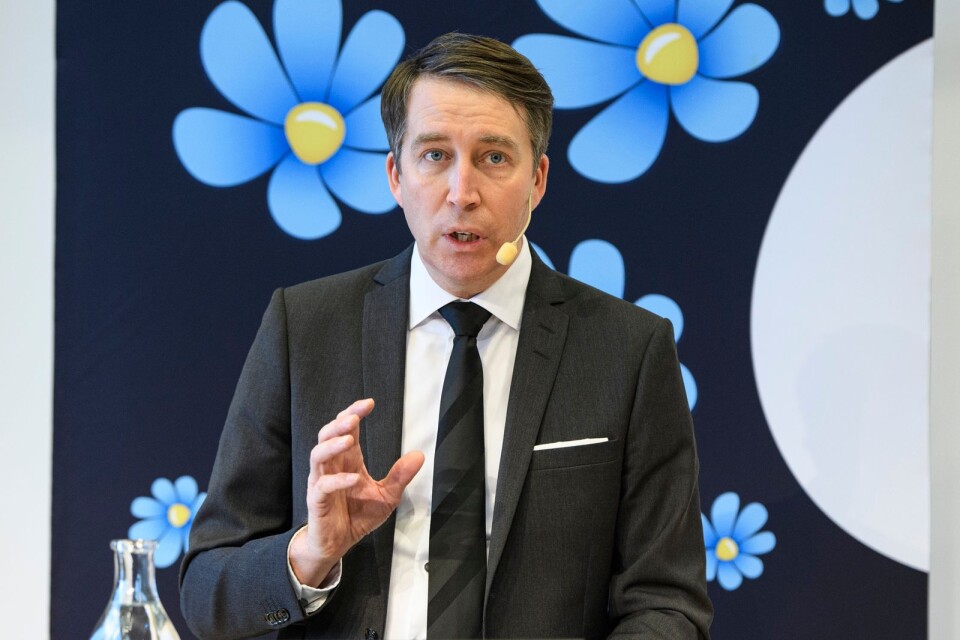 Richard Jomshof (SD) under en pressträff under partiets landsdagar i Karlstad.