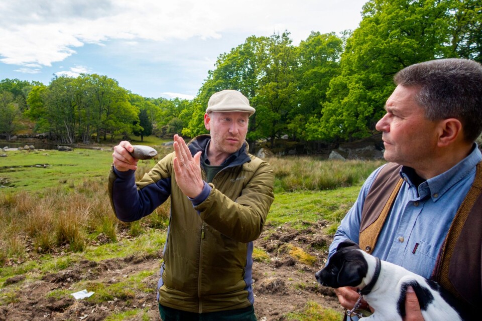 Björn Nilsson och Per-Arne Olsson med den stenåldersyxa som vildsvinen bökade fram förra året. Det var fyndet som satte bollen i rullning.