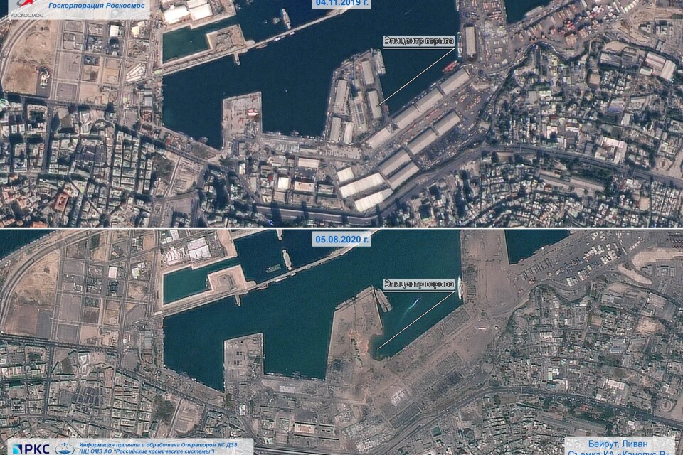 Ryska rymdmyndigheten Roscosmos satellitbilder på Beirut före och efter explosionen som ödelade ett stort område kring hamnen.
