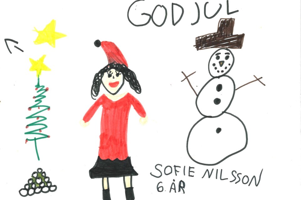 Sofie Nilsson, 6 år i Tingsryd har ritat av tomtemor, en snögubbe, snölyckta och julgranen!
