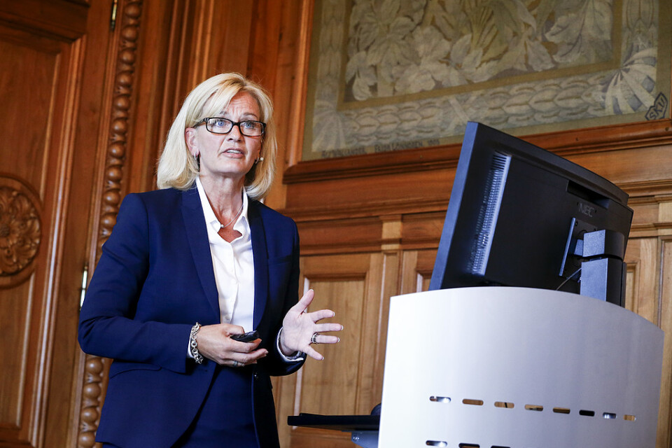 Handelsbankens vd Carina Åkerström presenterar bankens delårsrapport vid kontoret i Stockholm.