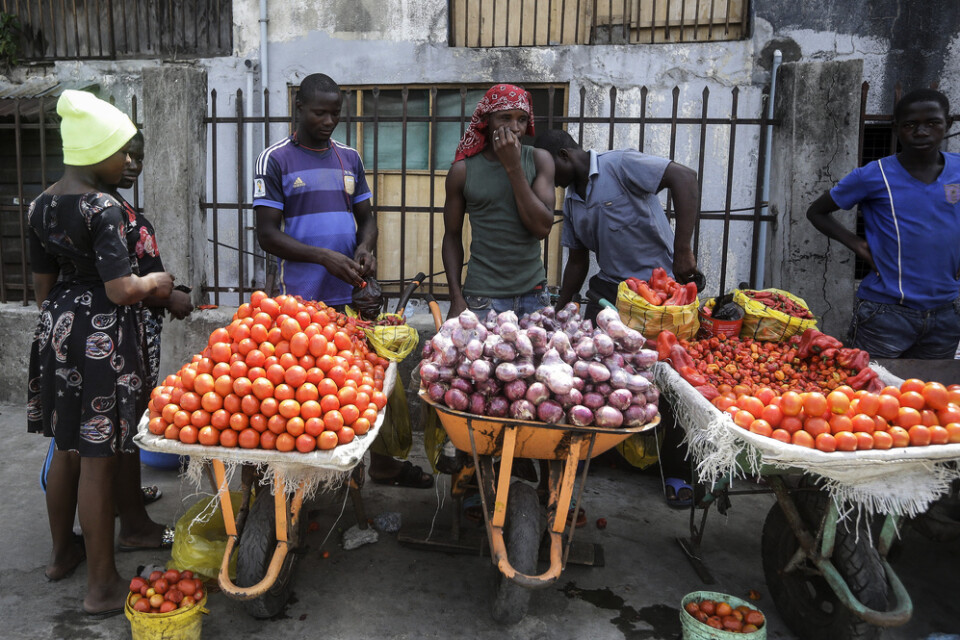 Tomater och lök saluförs på gatan i Nigerias största stad Lagos.