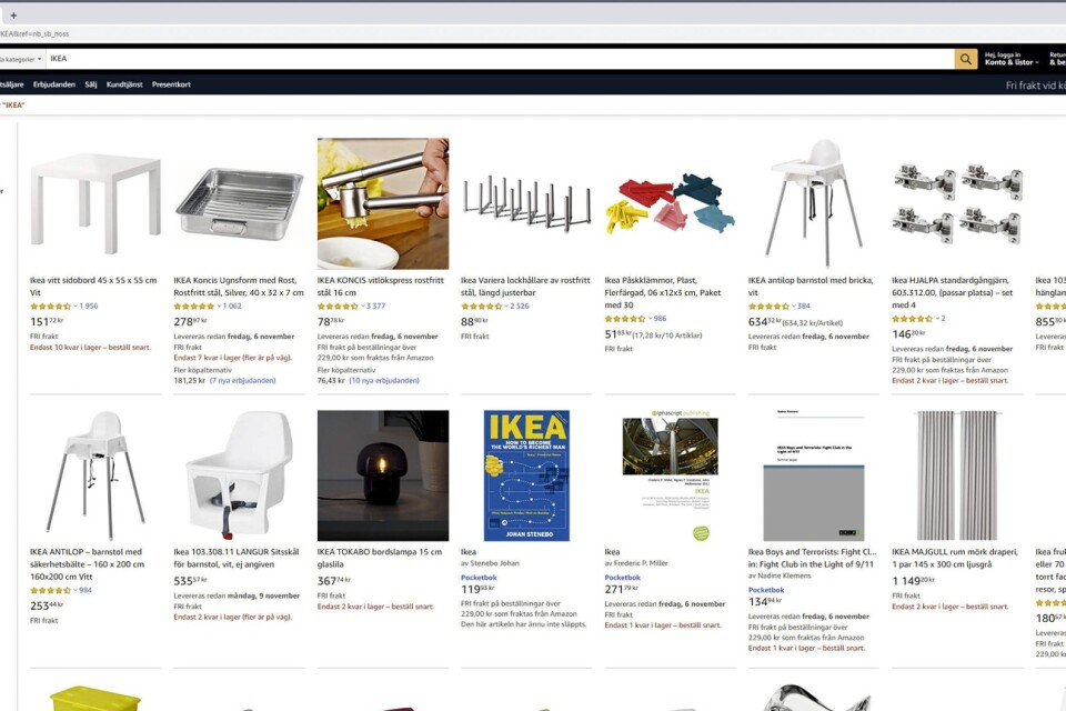 En skärmdump från Amazons sajt där det finns en hel del Ikea-produkter till salu.