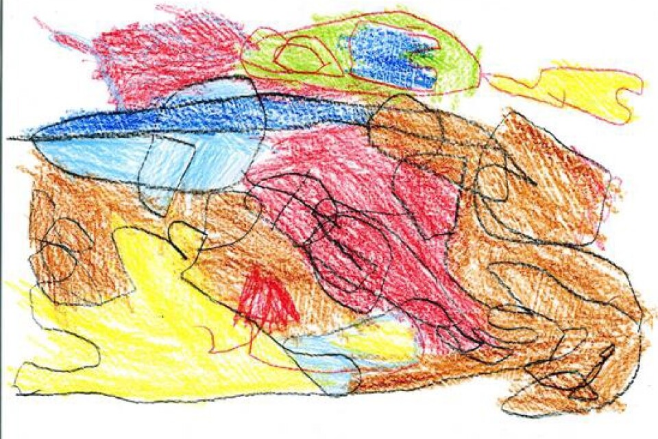 Marcus Fridh, 5 1/2 år, Fridös, Rönås 3, Sjöbo, har ritat en skattkarta. Båten ska köra till krysset där skatten finns.