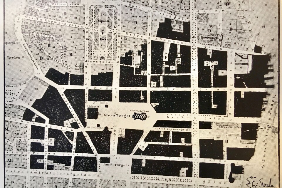 De svarta områdena visar var branden gick fram och hur mycket som blev förstört av staden 1790.
