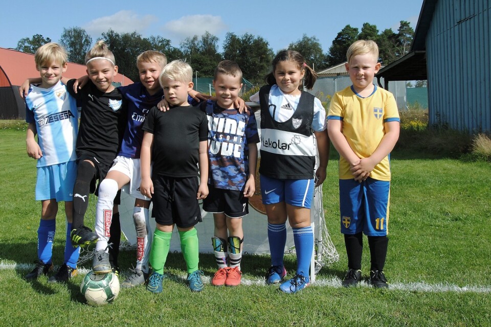 Cornelis, Maximilian, Milton, Casper, Mattis, Colin, Bella och Helmer deltog på fotbollens dag på Osby IP under lördagen.                                                                                       FOTO: SUSANNE GÄRE