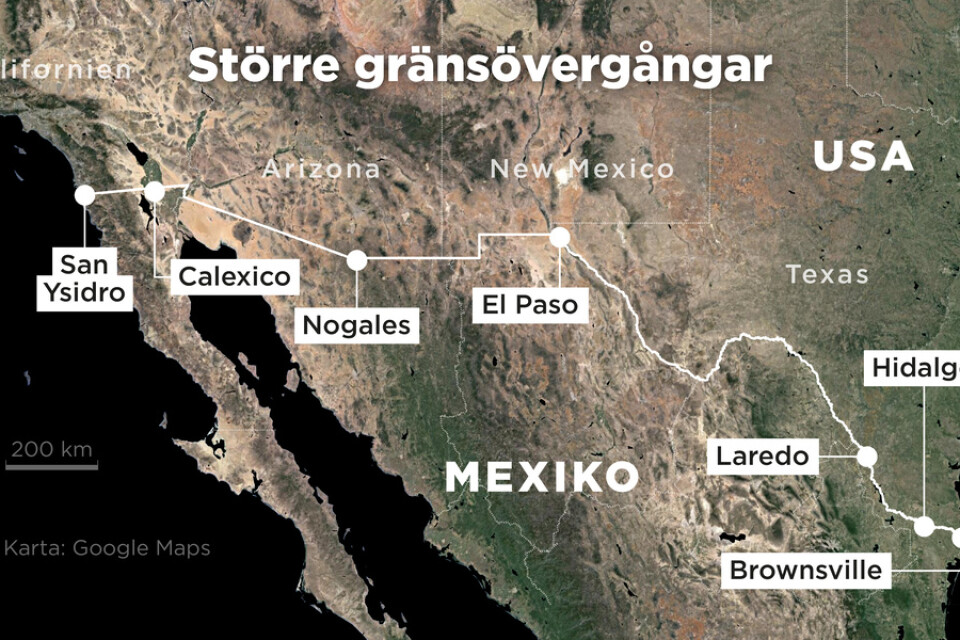 Kartan visar de största gränsövergångarna längs gränsen mellan USA och Mexiko.