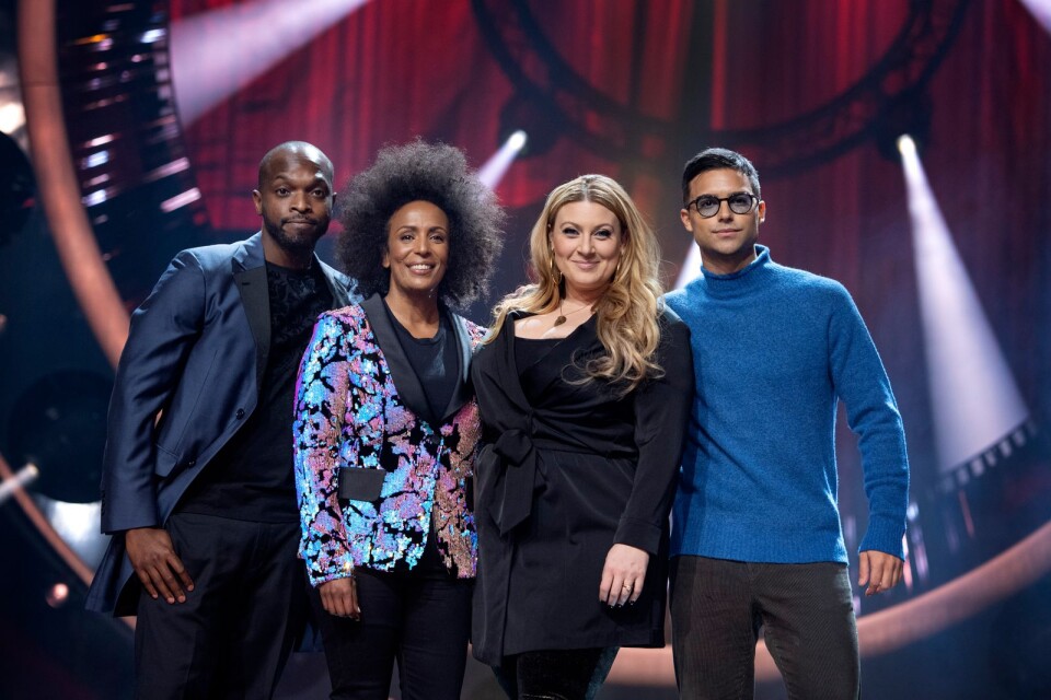 Programledarna för Melodifestivalen 2019, Kodjo Akolor, Marika Carlsson, Sarah Dawn Finer och Eric Saade.