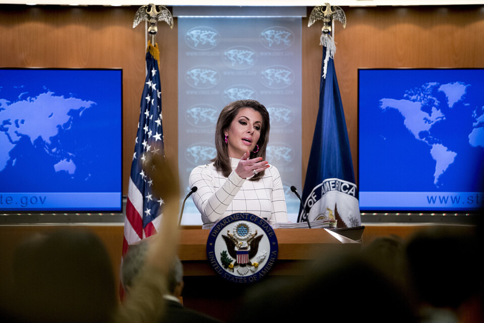 USA:s utrikesdepartements talesperson Morgan Ortagus vid en presskonferens i juni.