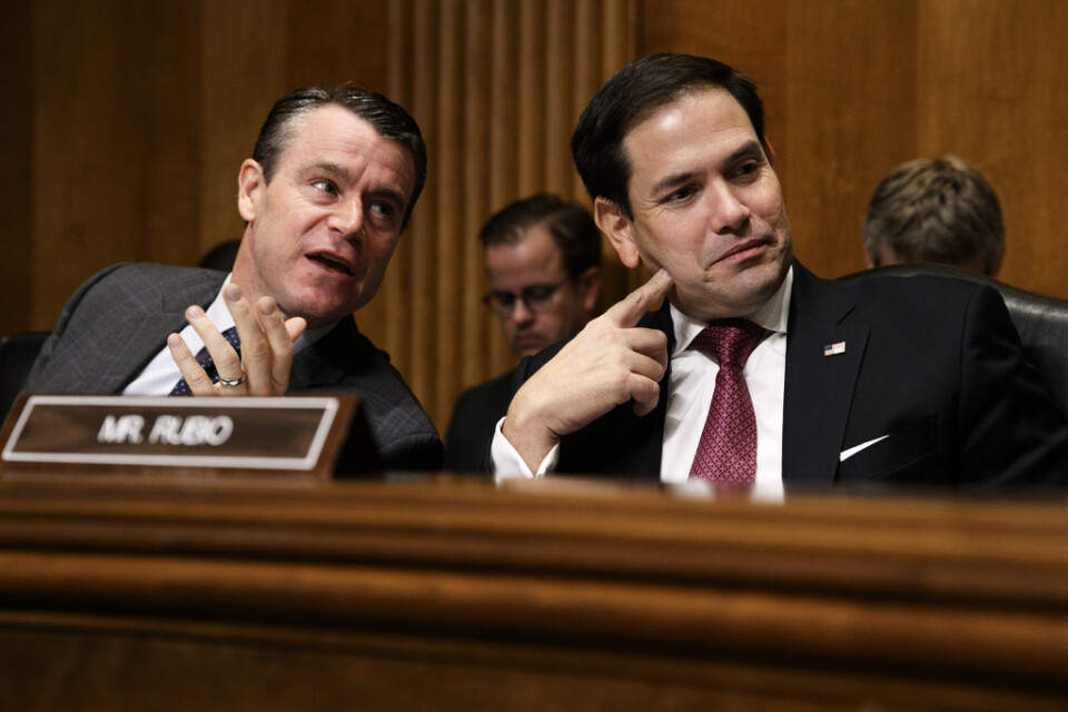 De republikanska senatorerna Todd Young och Marco Rubio vid tisdagens debatt om Hongkong i USA:s senat.