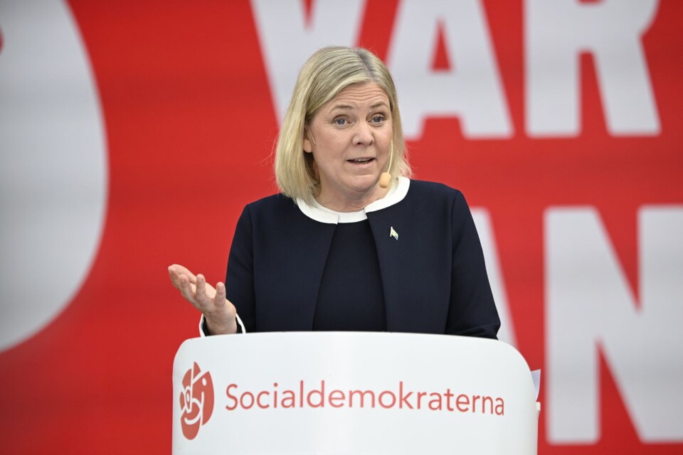 Statsminister och partiordförande Magdalena Andersson, Socialdemokraterna, håller sitt tal i Almedalen.  Foto Henrik Montgomery / TT kod 10060
