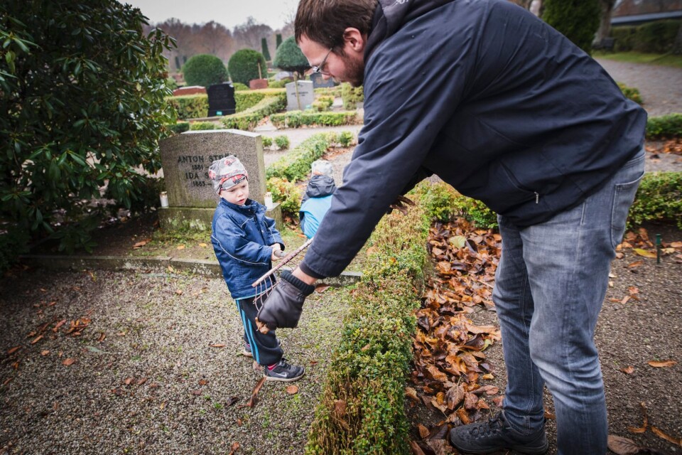 Arvid Hyldéen hjälper pappa Anton att räfsa och göra fint på släktingarnas gravplats i Södra Åsum.