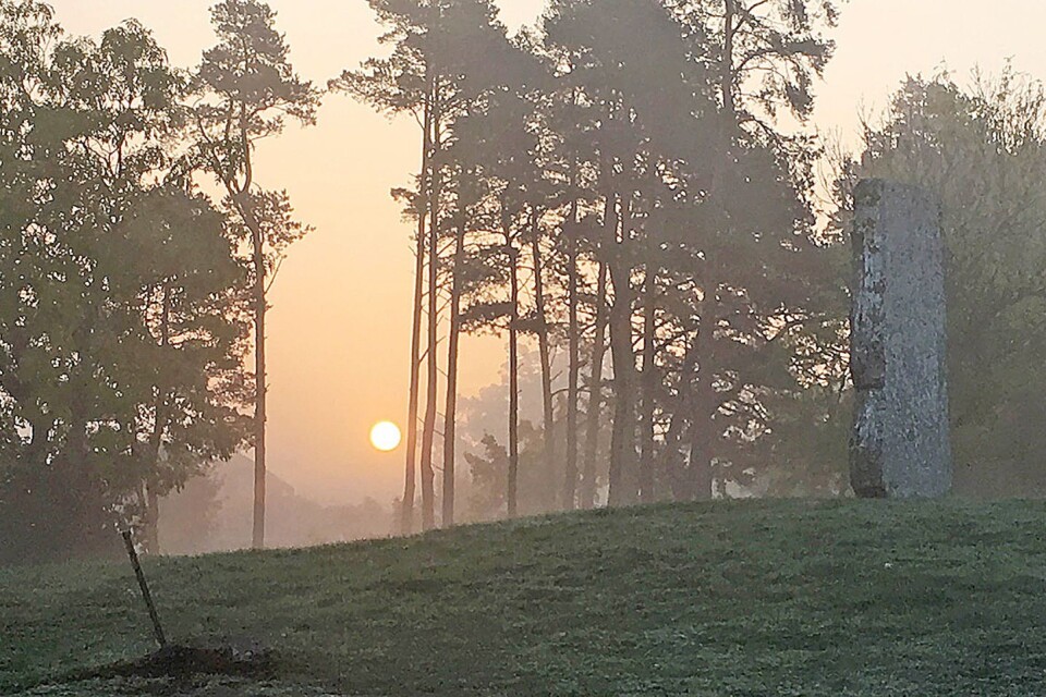 En tidig morgon vid Tings flisa är solen på väg upp och dimmorna lättar.
