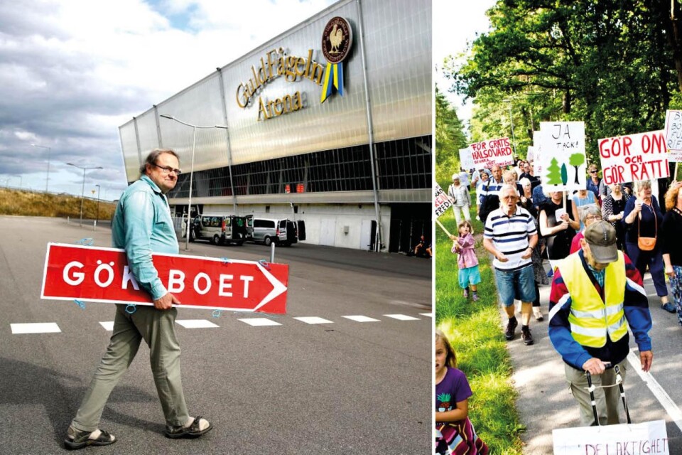 Gunnar Rydström har protesterat mot kommunens köp av Guldfågeln arena. Till höger Oxhagsbor som protesterar mot bygget av studentlägenheter i skogen vid Kungsgårdsvägen.