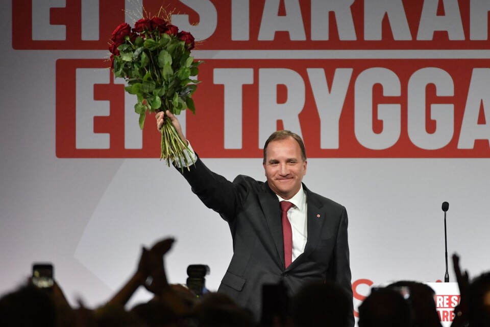 Partiledare Stefan Löfven under Socialdemokraternas valvaka på Färgfabriken i Stockholm.