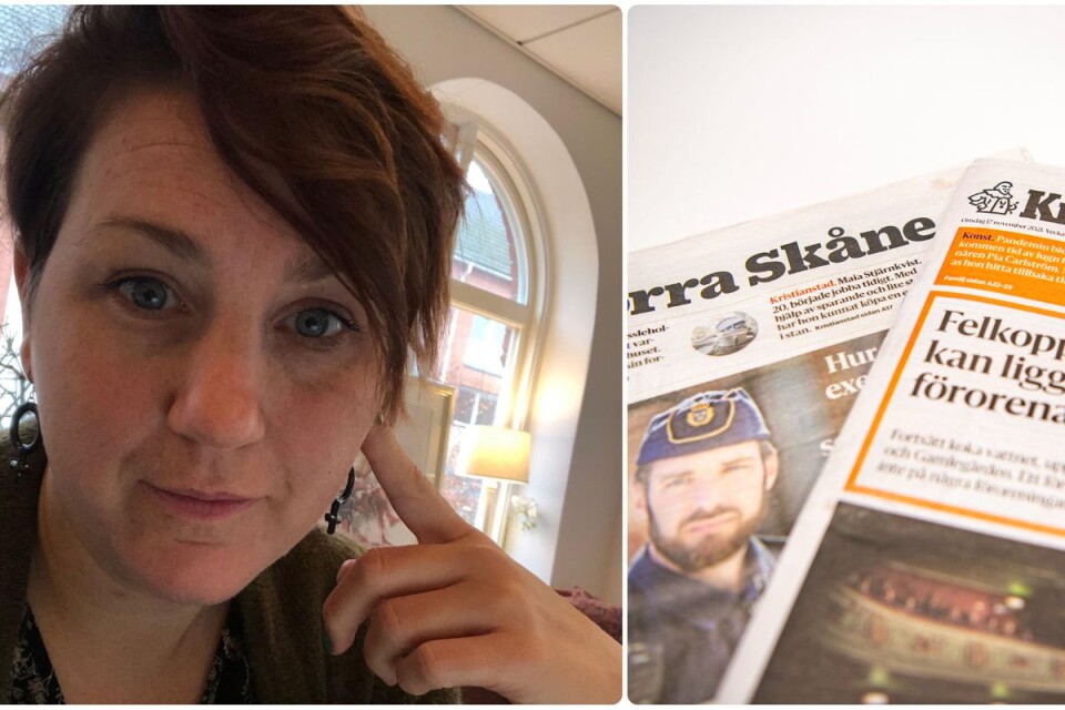 Webbchef Maria Sällberg, här på plats på Norra Skånes redaktion, förklarar att läsarna kommer kunna läsa allt material från både Kristianstadsbladet och Norra Skåne på båda tidningarnas hemsidor.