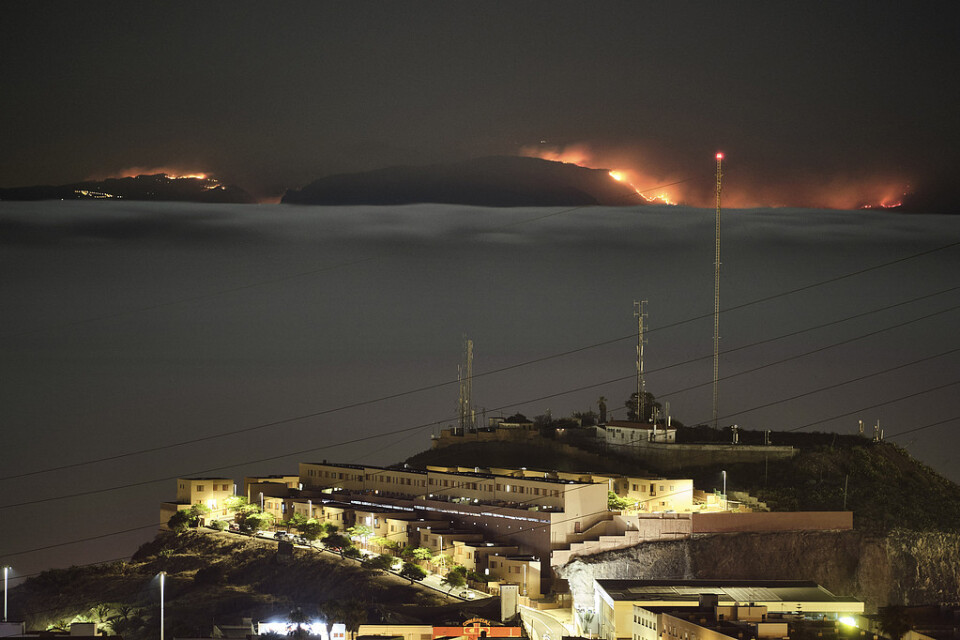 Skogsbranden på Gran Canaria sedd från grannön Teneriffas huvudstad Santa Cruz den 19 augusti.