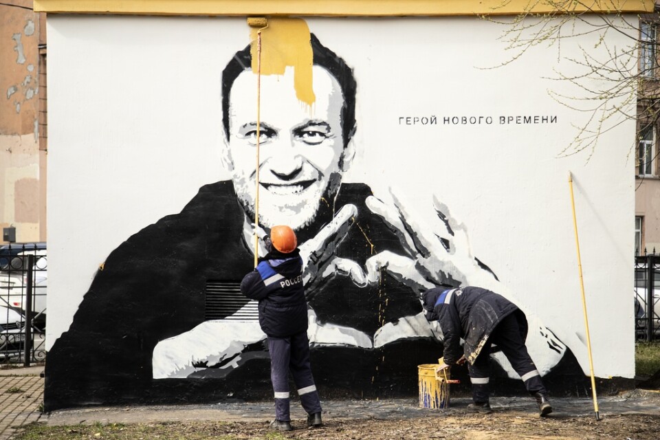 "Vår tids hjälte", lyder texten vid graffitin av den fängslade Kremlkritikern Aleksej Navalnyj, som målas över i Sankt Petersburg. Bild från 28 april.