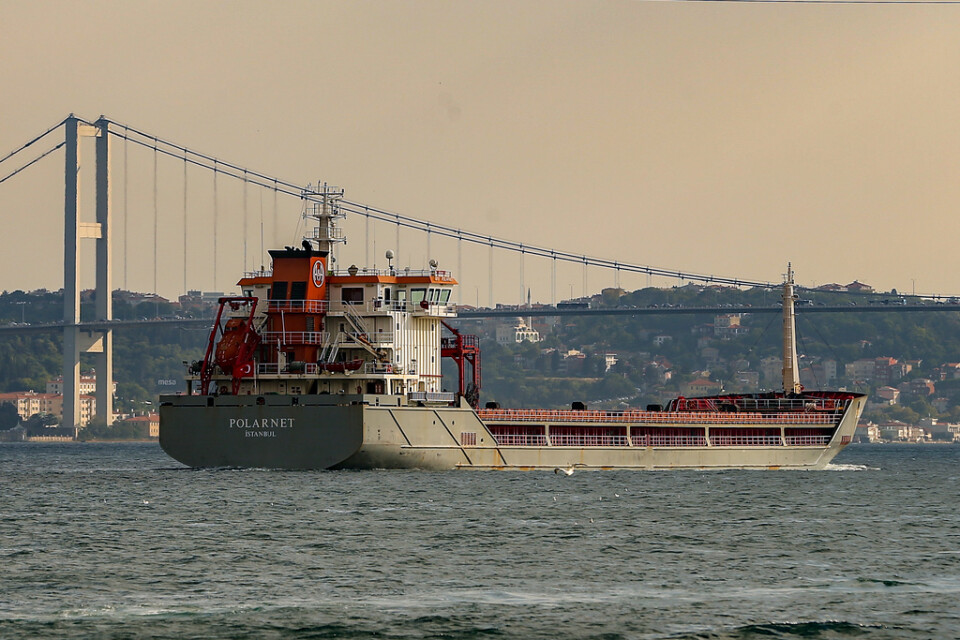 Spannmålsfartyget Polarnet, här på väg genom Bosporen, har anlänt till Derince i Turkiet.