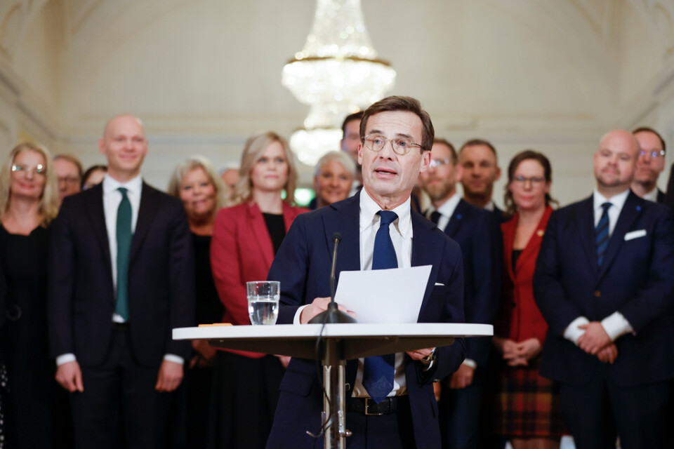 Statsminister Ulf Kristersson (M) under tisdagens pressträff där nya statsråden i regeringen presenteras.