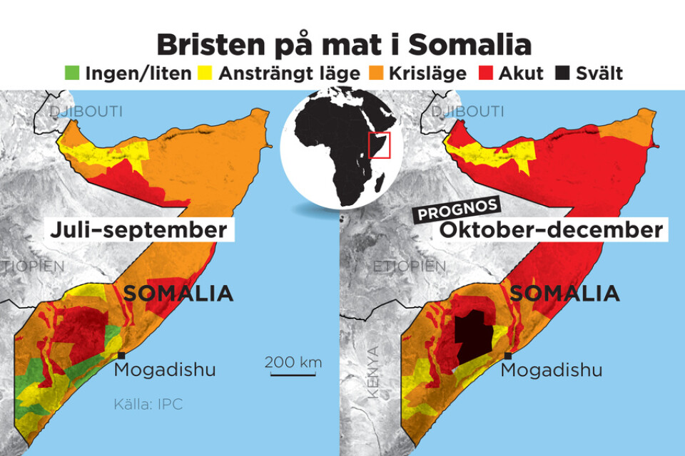 Matbristen i Somalia juli–september samt prognos för det kvartal som nu börjat.