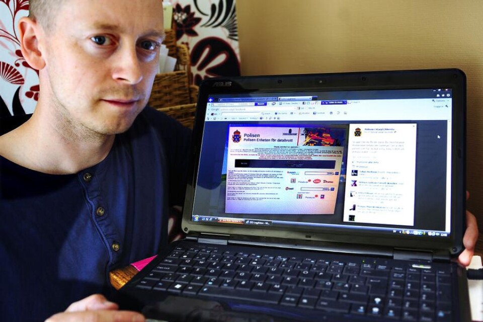 låst dator Peter Haraldssons dator låstes när bluffmeddelandet som uppgavs komma från polisen visades på datorn. Foto: Bernd Blankenburg