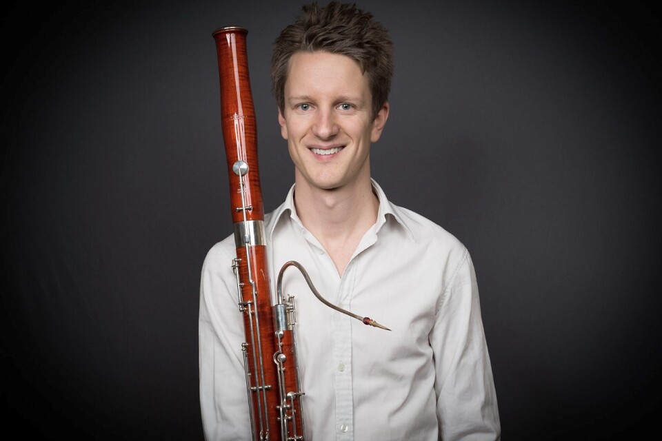 Sebastian Stevensson spelar fagott i Musikskolans konsertsal på lördag.