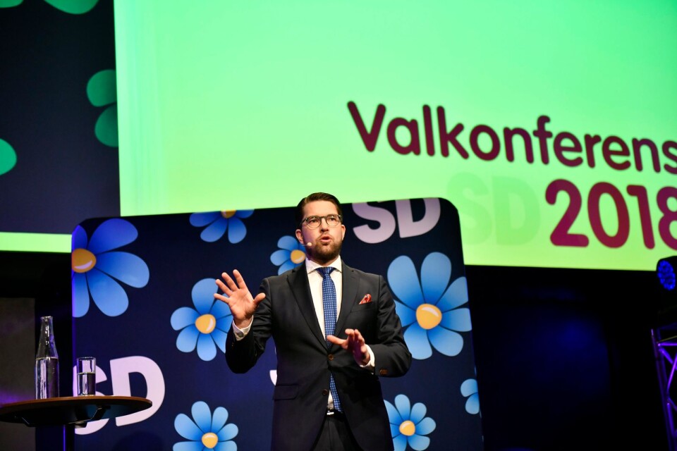 STOCKHOLM 20180317 Jimmie Åkesson talar under Sverigedemokraternas Valkonferens Elite Hotel Marina Tower.
Foto: Vilhelm Stokstad / TT / kod 11370