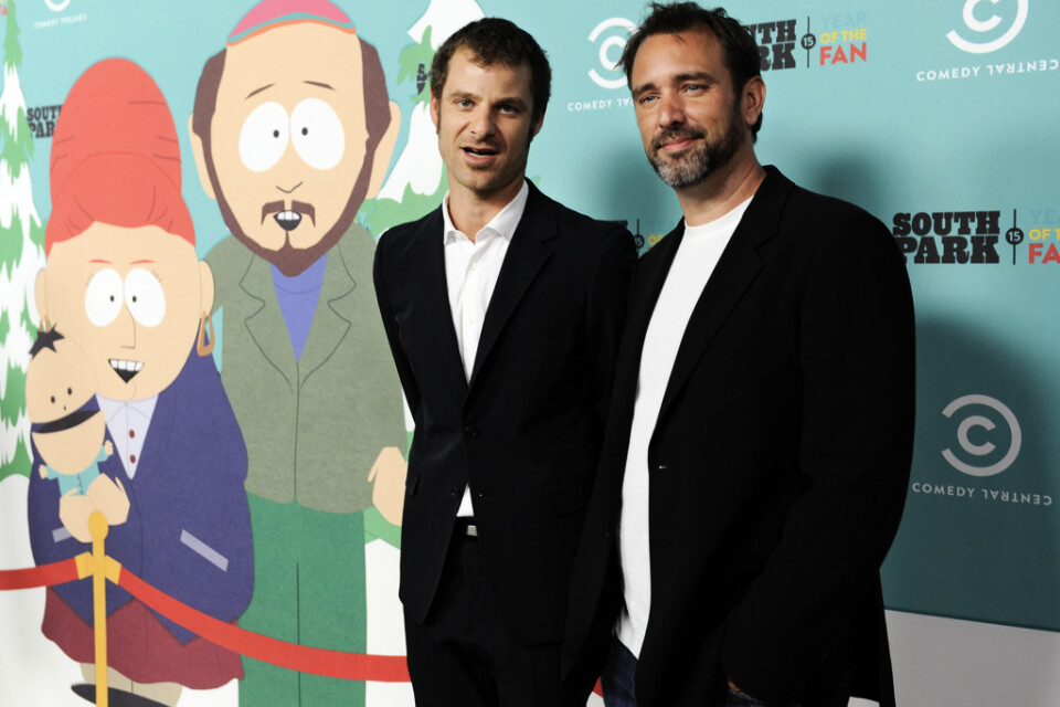 Skaparna av "South Park", Matt Stone till vänster och Trey Parker till höger, driver med Kinas censur. Arkivbild.